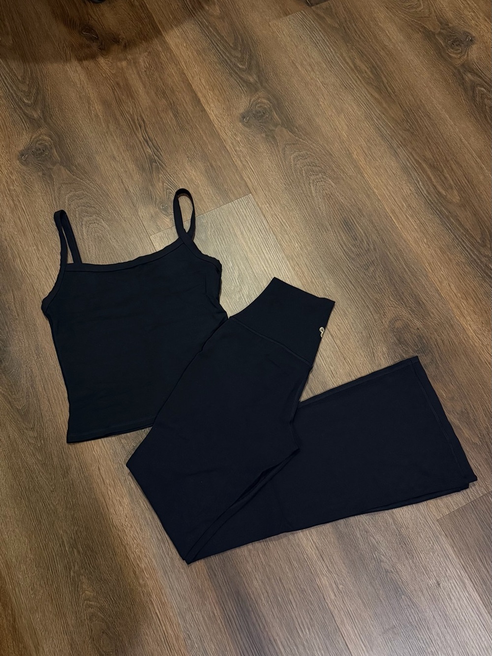 Aritzia Golden BUTTER Black Tumbler Tank + Flare Leggings Set